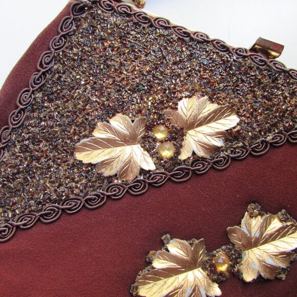 SALE Vintage Caron of Texas Hand Bag Chocolate Brown Gold Bead Accents - Picture 4 of 11
